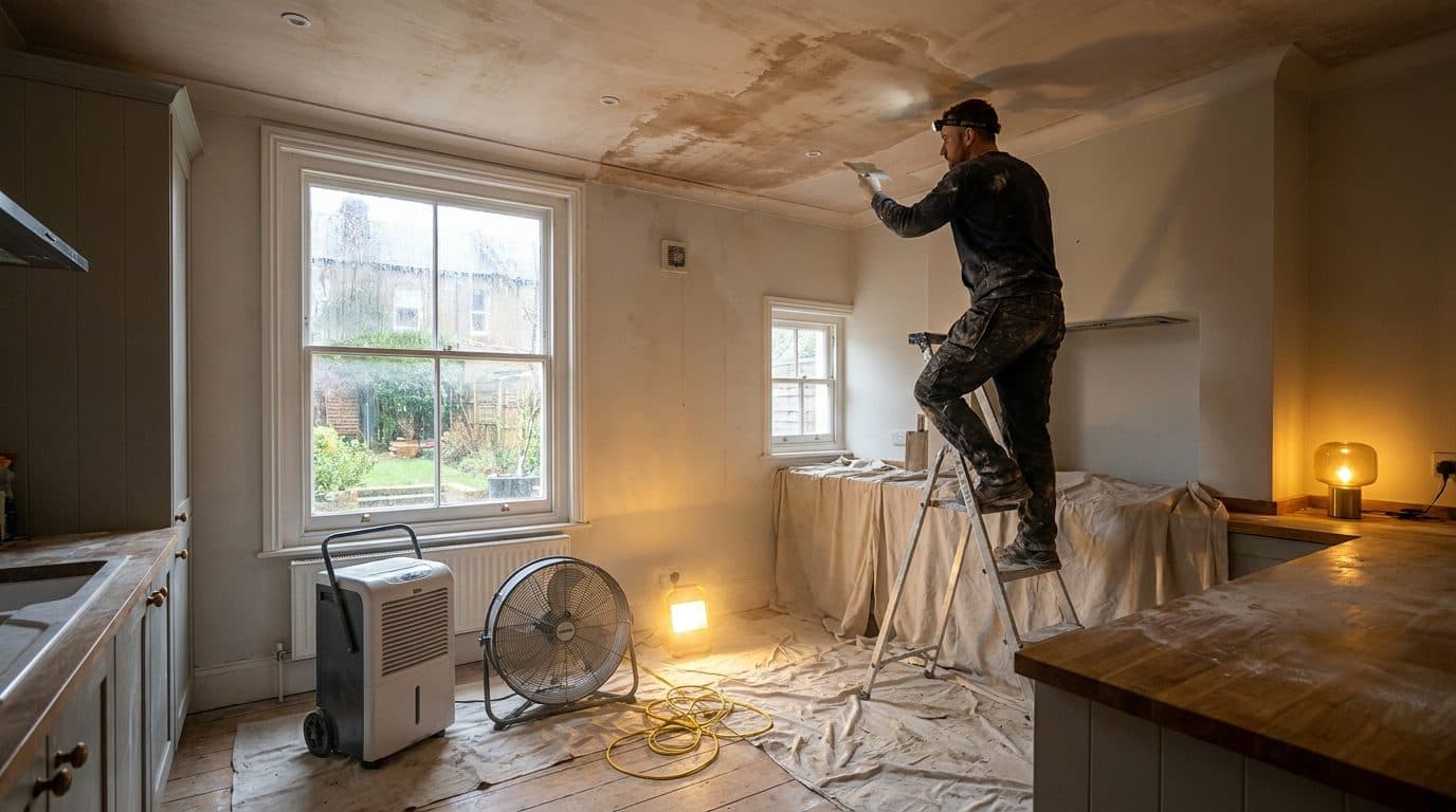 A builder repairing a water-damaged kitchen ceiling in a UK home, dust sheets down and drying equipment running by the window
