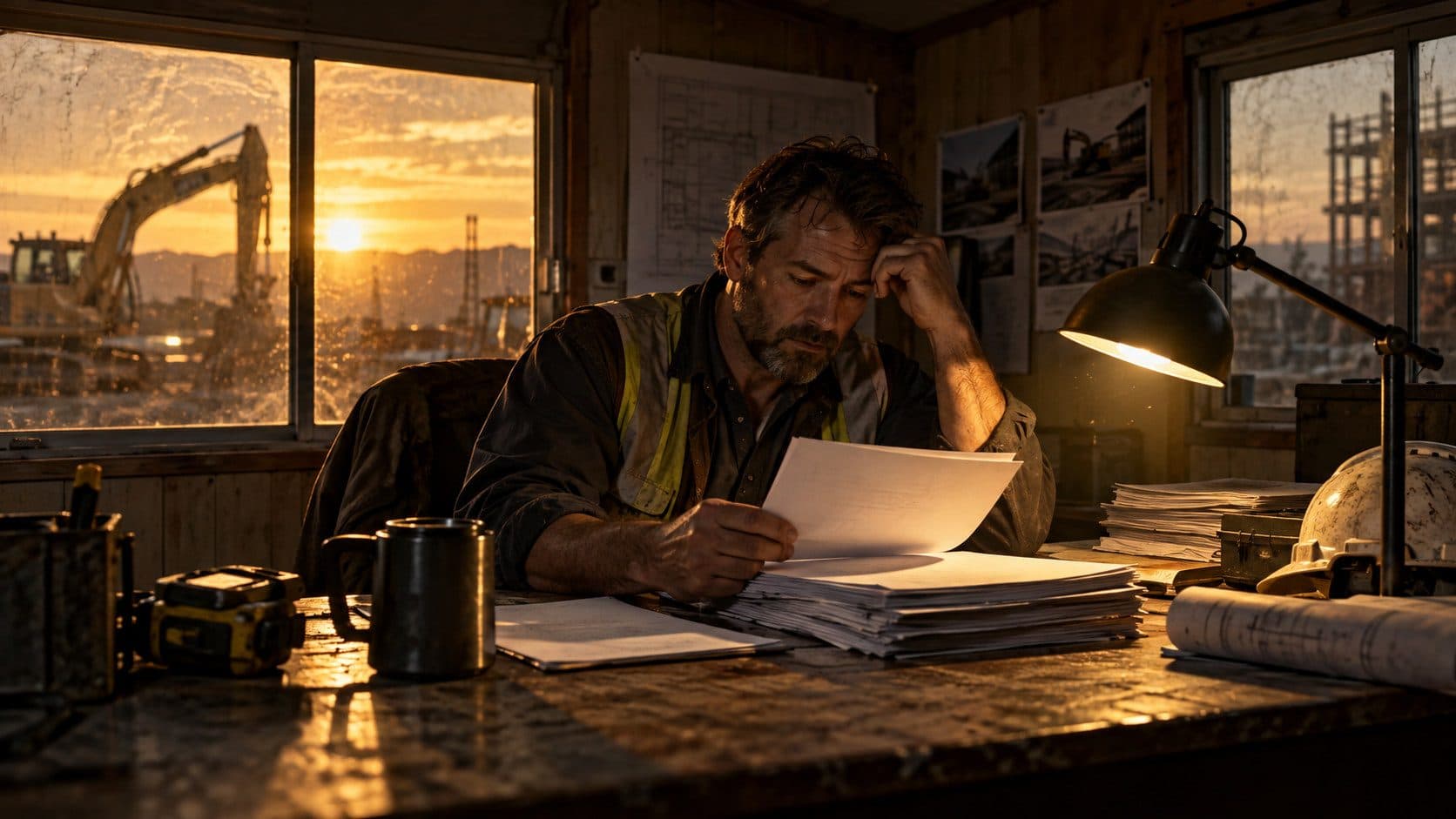 A contractor reviewing unpaid invoices at a desk in a site office - what to do when a construction client doesn't pay
