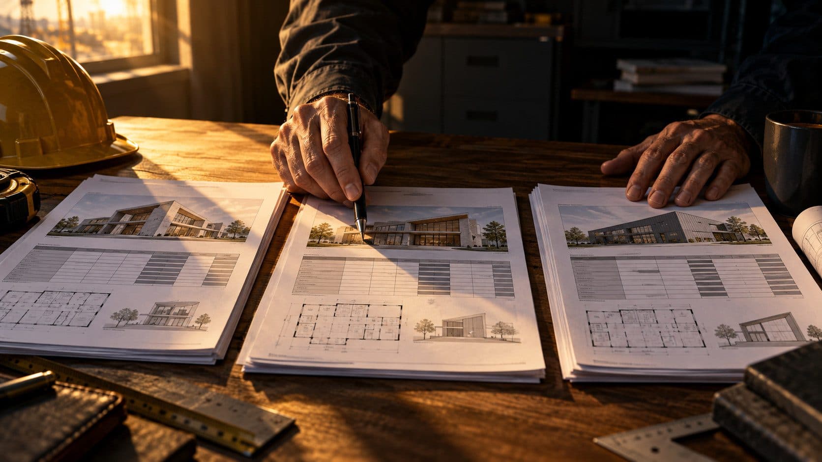 Construction bid documents spread across a site office desk under warm golden-yellow editorial light