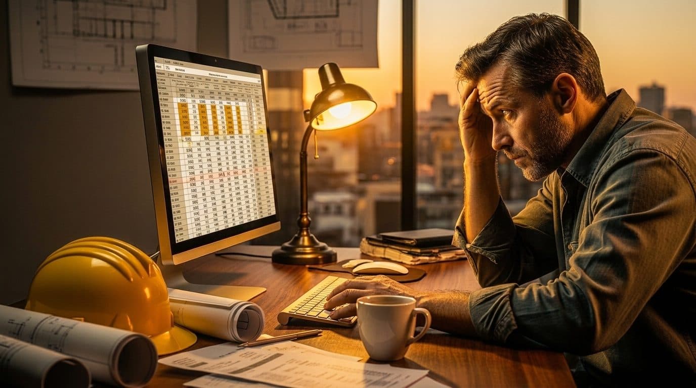 A contractor sitting at a desk staring at a financial spreadsheet showing thin profit margins, surrounded by construction blueprints