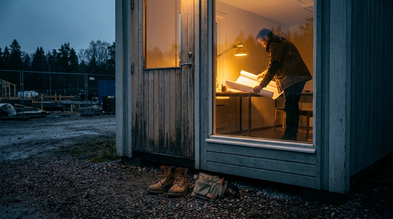 A man doing paperwork alone in a site cabin at night