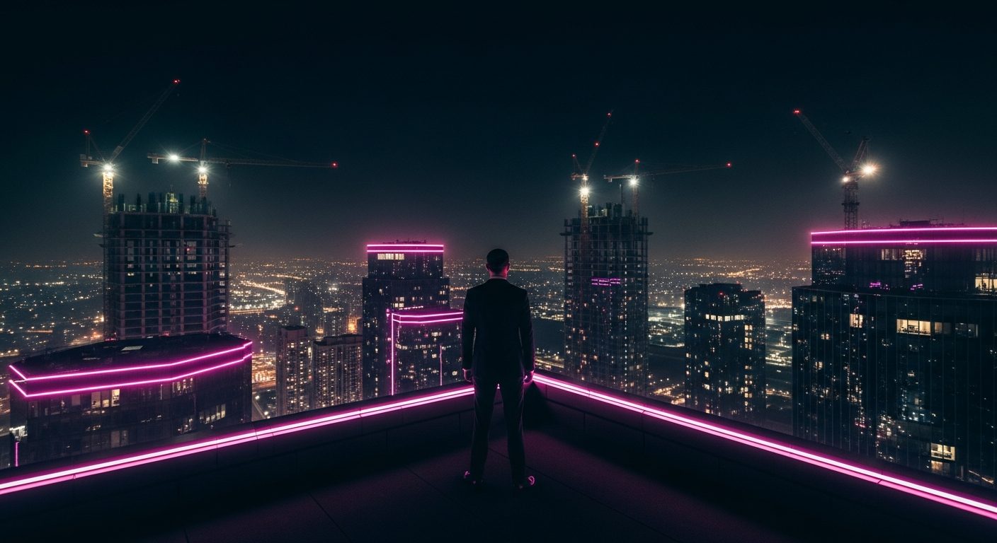 A lone operator over a night skyline of construction cranes
