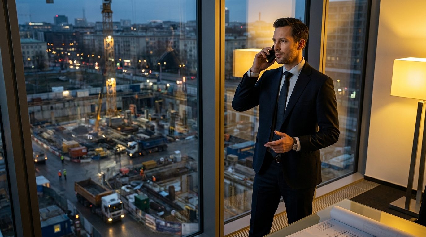 A man on the phone in an office above a working construction site
